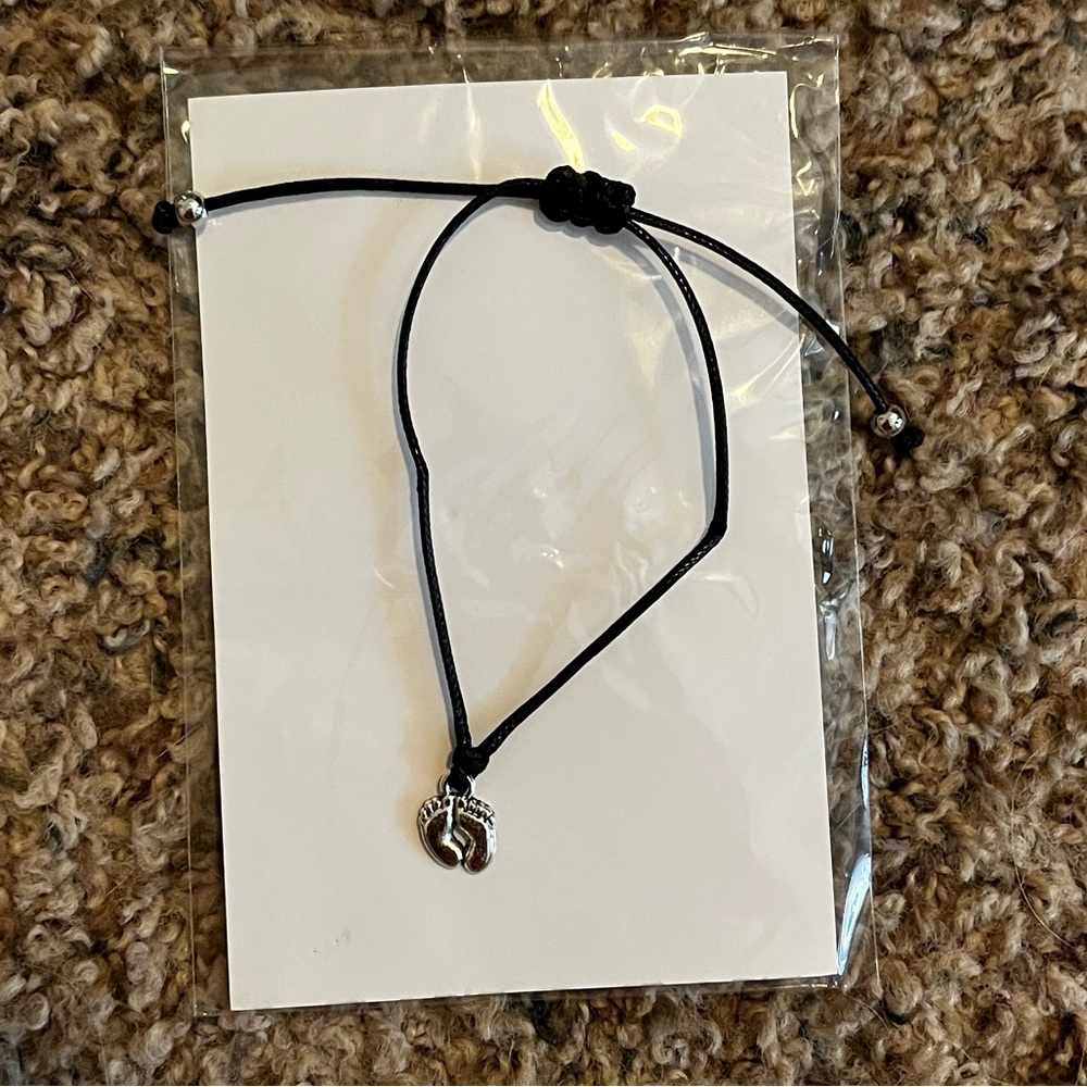 Black Cord Bracelet with Silver Footprint Charm